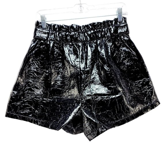 Shiny Black Faux Leather High-Waisted Shorts With Button Details Size L - Picture 2 of 8